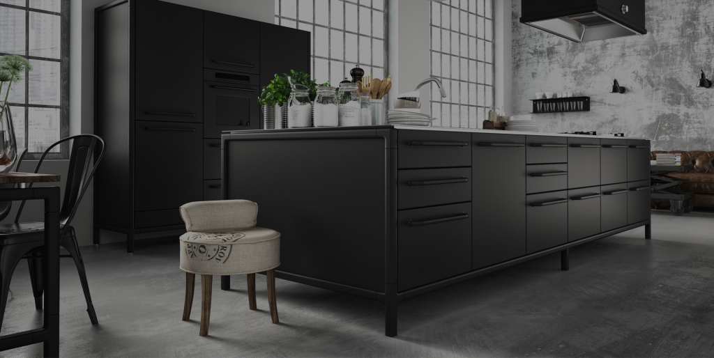 Contemporary black bespoke kitchen with large island and industrial-style cabinetry