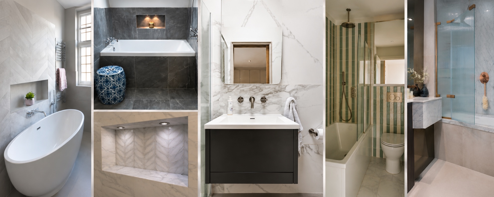 Collage of luxury bathrooms designed and built by Kluk Construction, showcasing bespoke tiling, freestanding baths, shower niches, and premium bathroom craftsmanship.