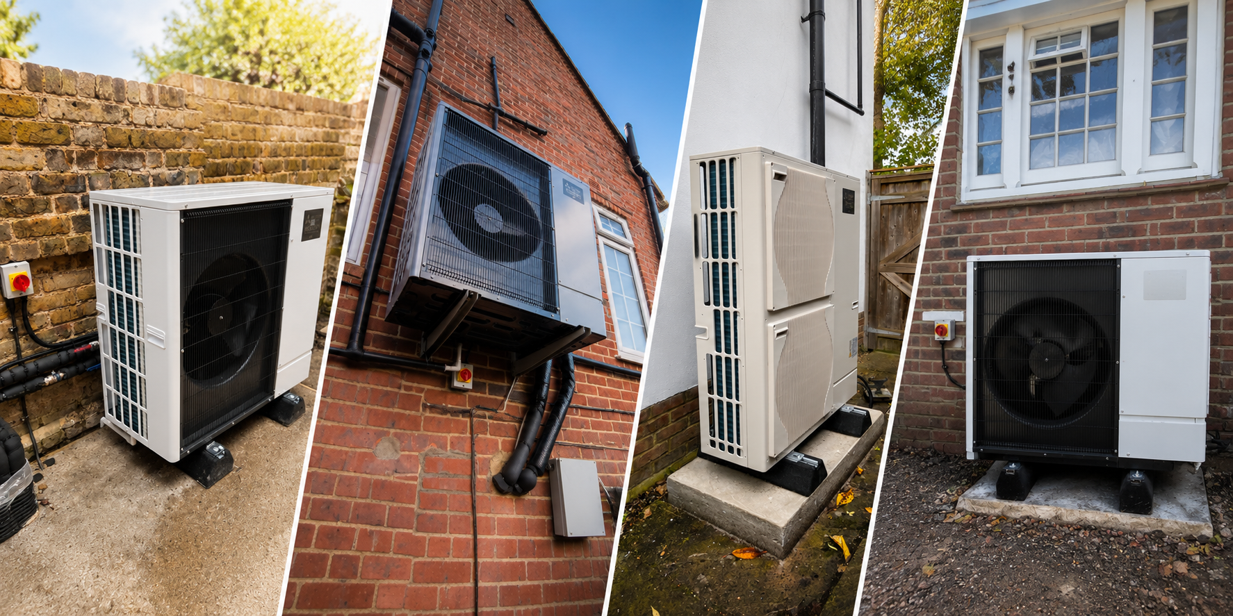 Multiple outdoor air conditioning units mounted on exterior walls of brick and white buildings in a collage.