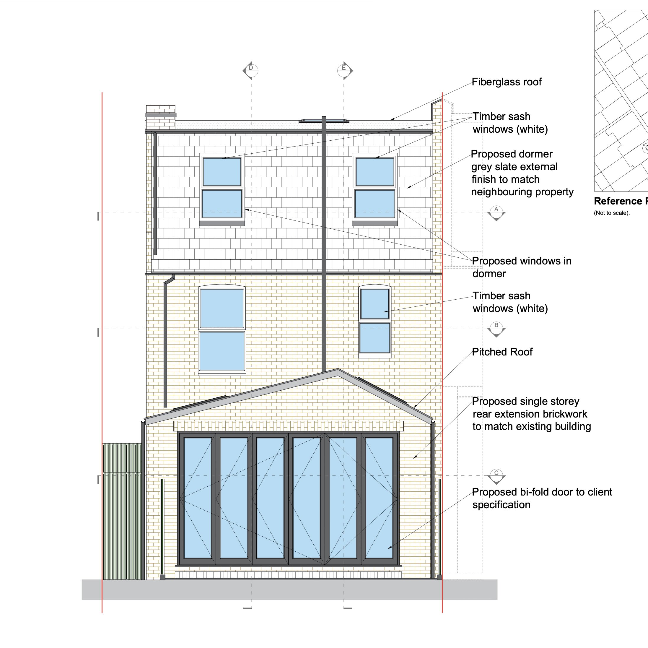 Architectural rear elevation of a house extension featuring a single-storey rear extension, bifold doors and dormer loft conversion.