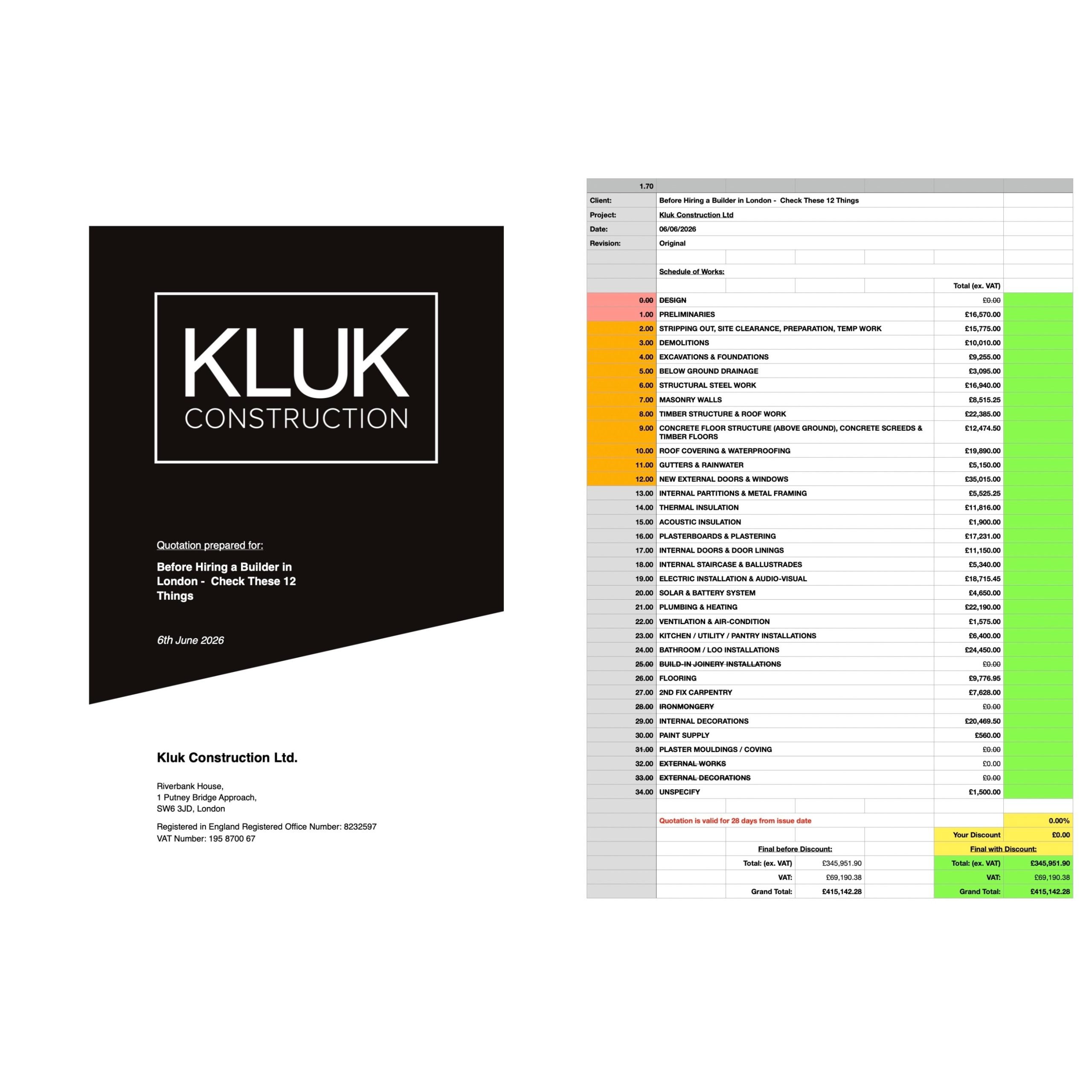 Front cover of quotation prepare for residential refurbishment project in London by Kluk Construction