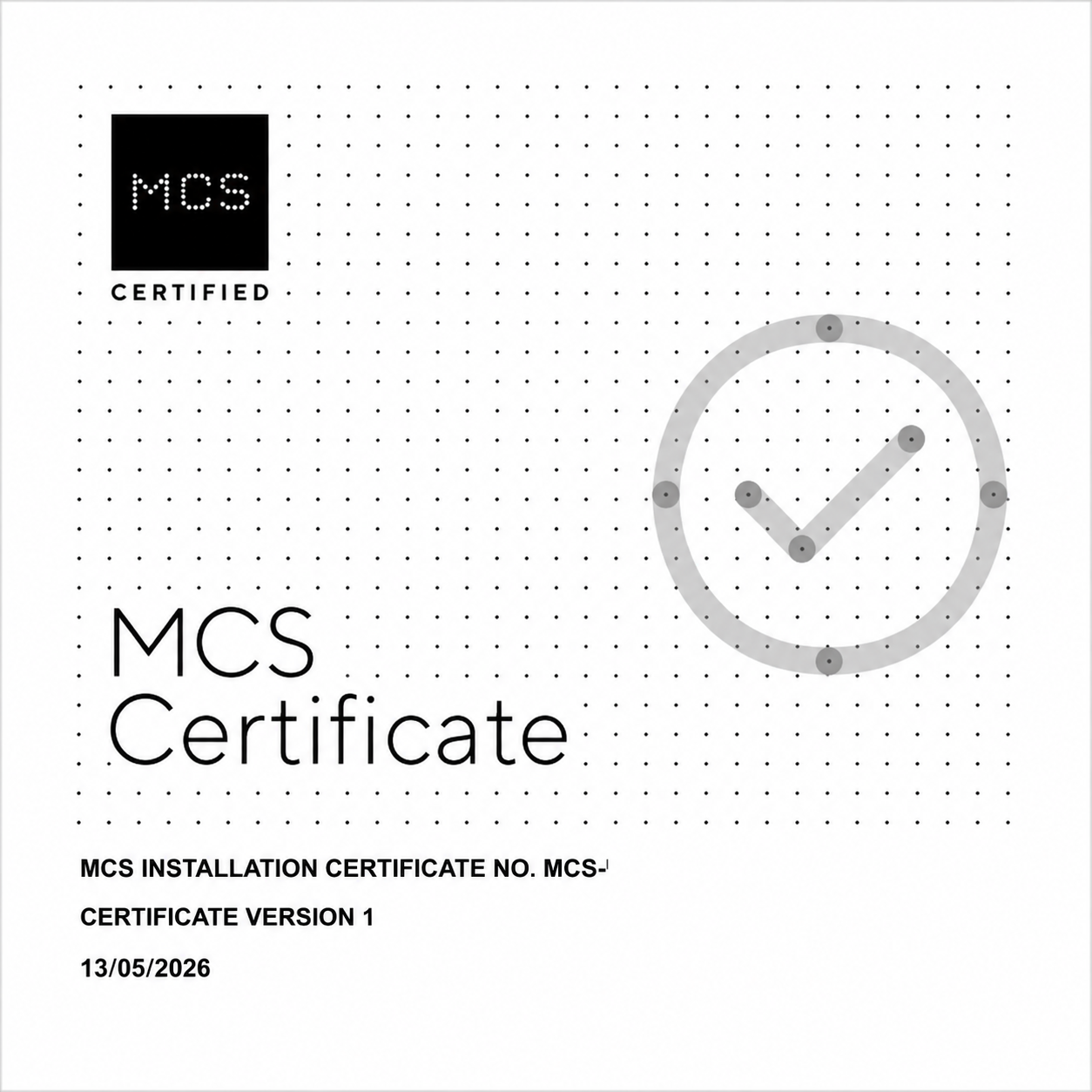 MCS Certificate title with dotted background and date, showing a completed certification graphic with a checkmark watermark on the right.