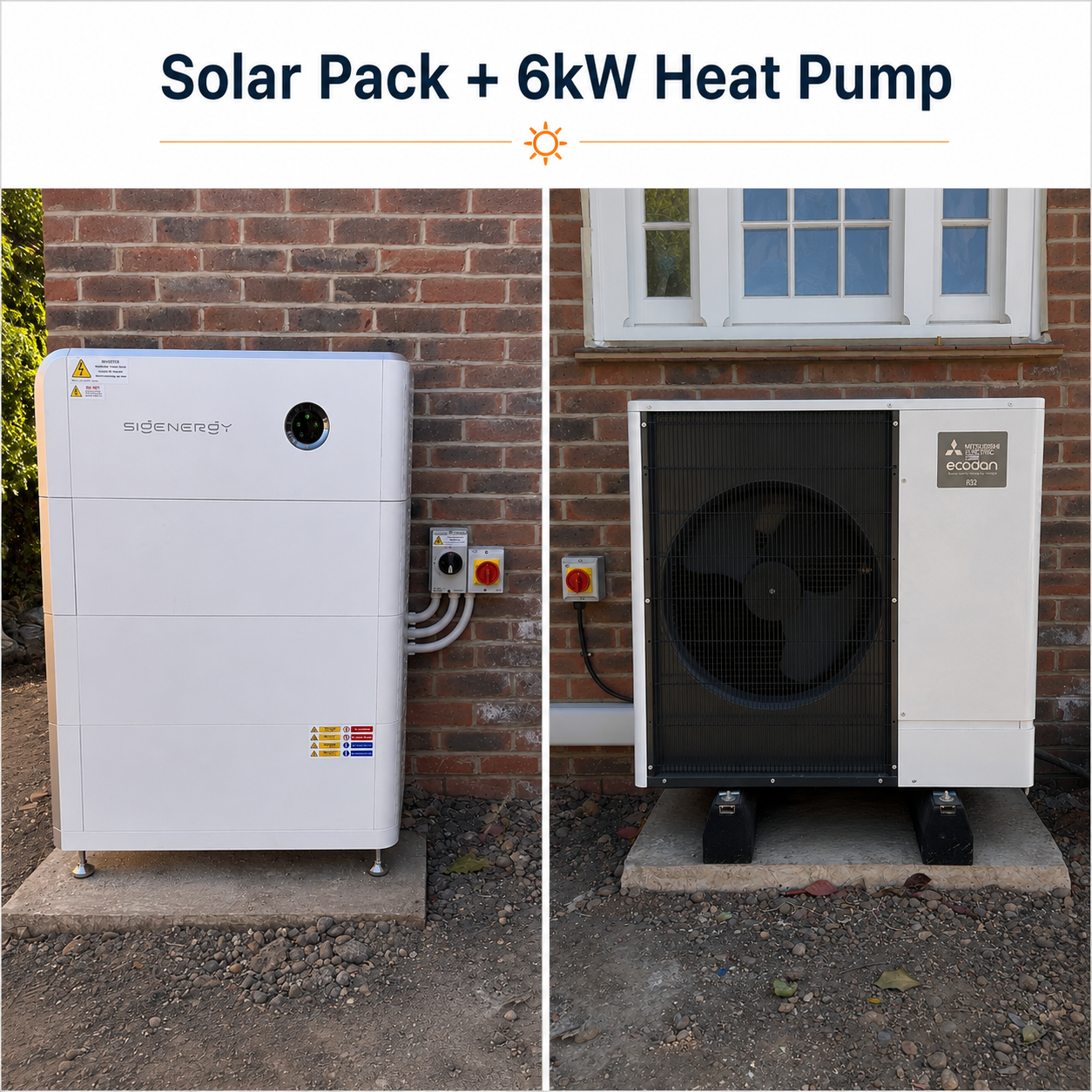 Left: white SigEnergy heat pump cabinet mounted on a brick wall, with utility connections; right: outdoor Ecodan unit with a large cooling fan.