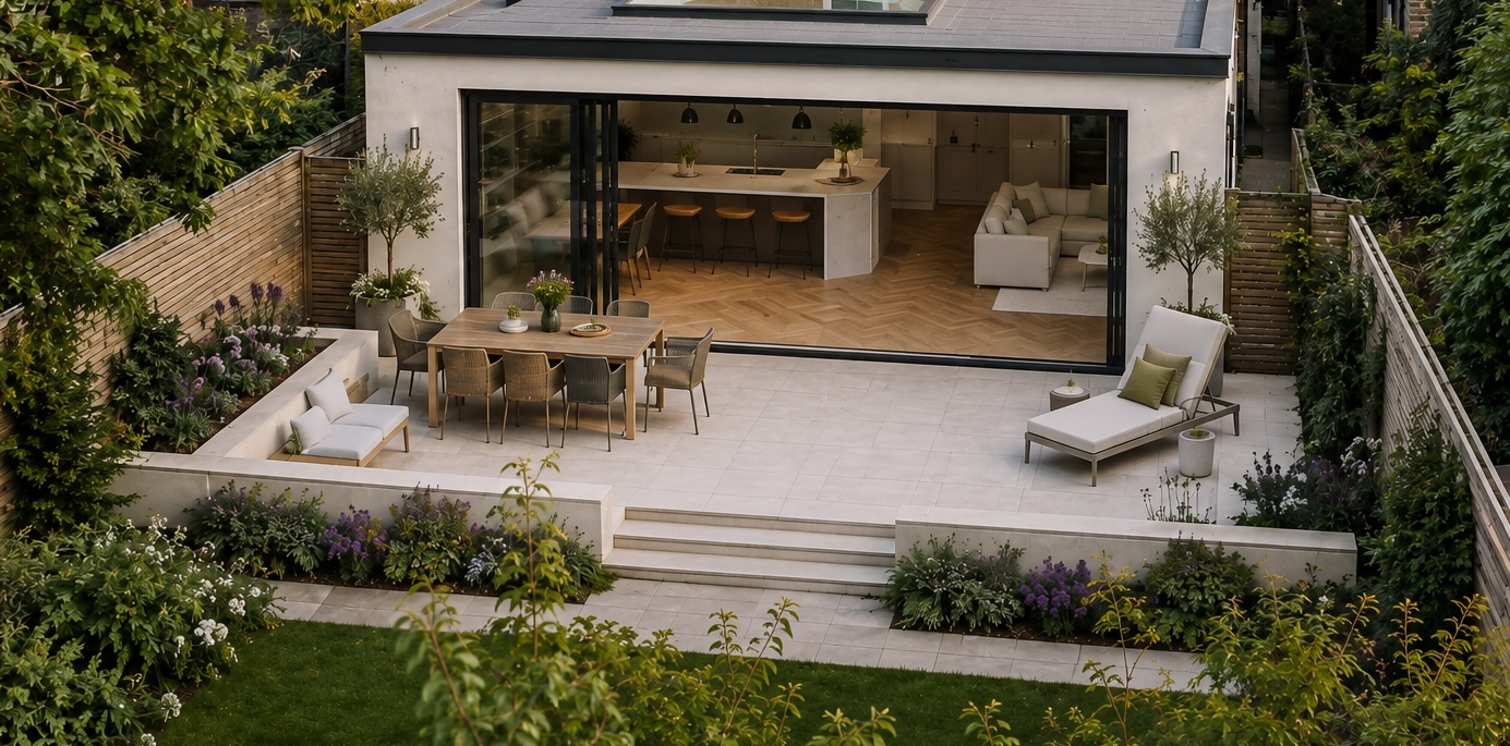 Contemporary rear house extension with flat roof, rooflight and large sliding doors opening onto a landscaped garden in South West London.