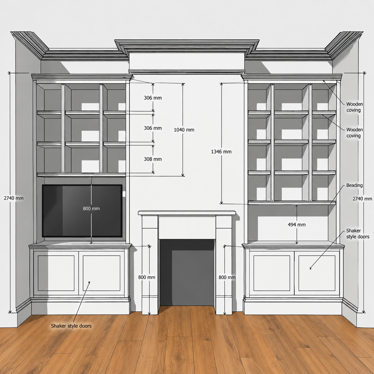 Symmetrical built‑in wall unit with upper shelves, glass-front cabinets, a central fireplace, and a TV on the left side.