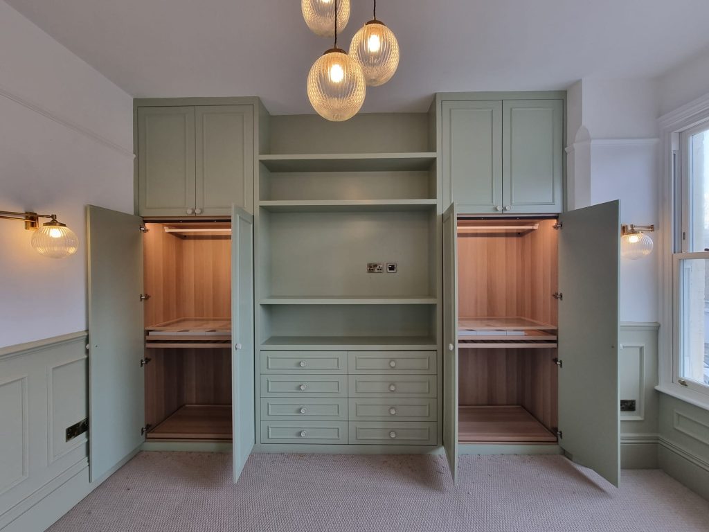 Bespoke fitted wardrobes with internal drawers, shelving and hanging storage