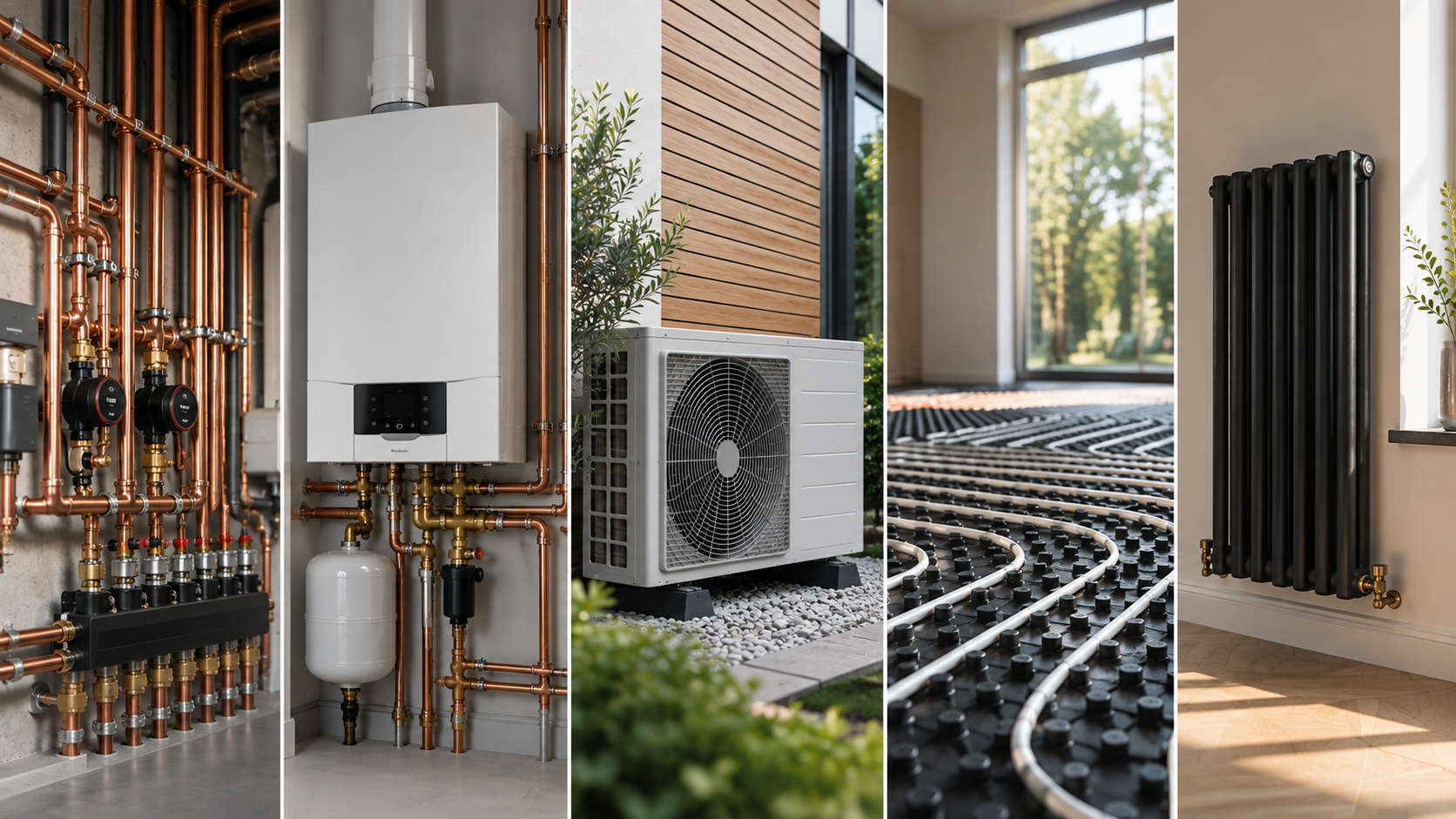 Modern home heating systems including boiler, heat pump, underfloor heating and radiator