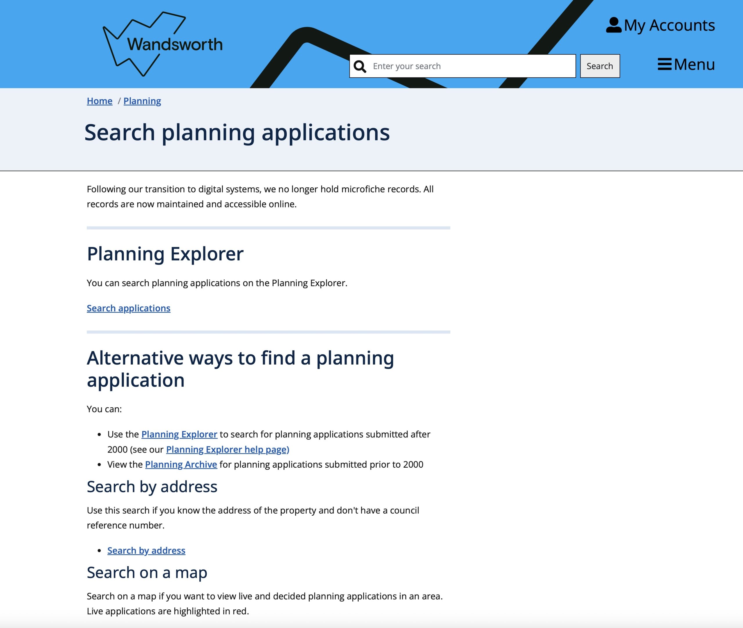 Wandsworth Council Planning Explorer for searching local planning applications