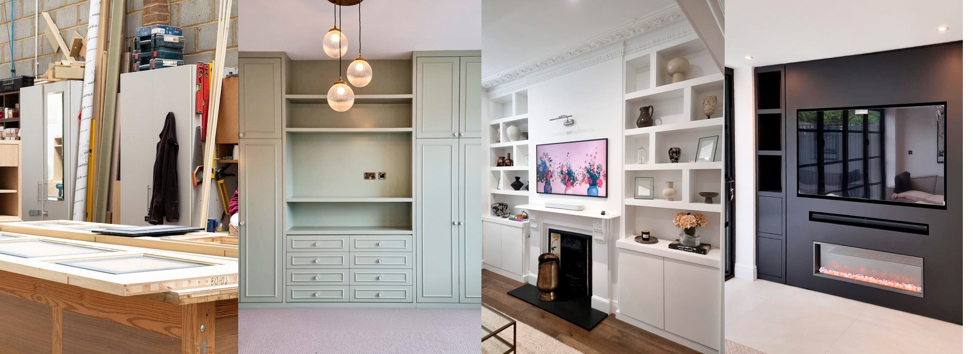 Collage of four interior spaces: a woodworking shop, a sage-green built-in wardrobe, a white living room with open shelving and a fireplace, and a dark feature wall with a TV and modern fireplace.